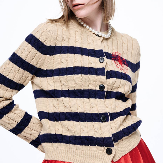 COTTON CARDIGAN ROUND NECK STRIPE