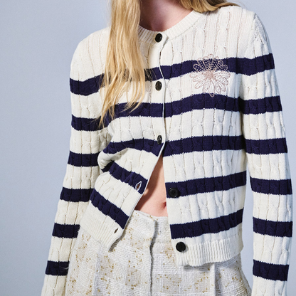 COTTON CARDIGAN ROUND NECK STRIPE