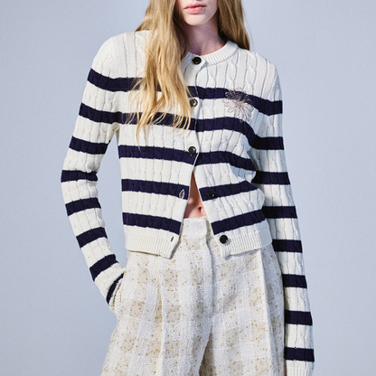 COTTON CARDIGAN ROUND NECK STRIPE