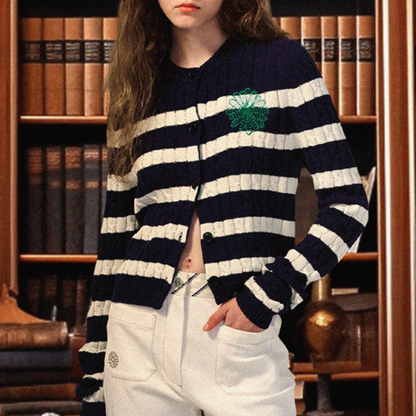 COTTON CARDIGAN ROUND NECK STRIPE