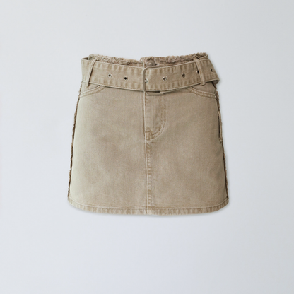 BELTED ROUGH CUTTING DENIM MINI SKIRT