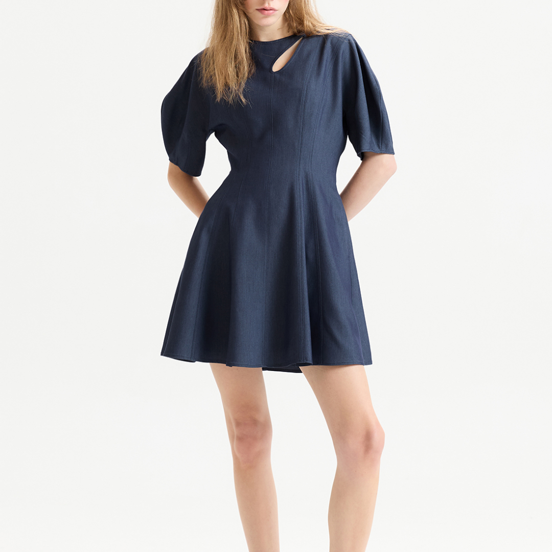 CUT OUT PUFF SLEEVE FLARE DRESS