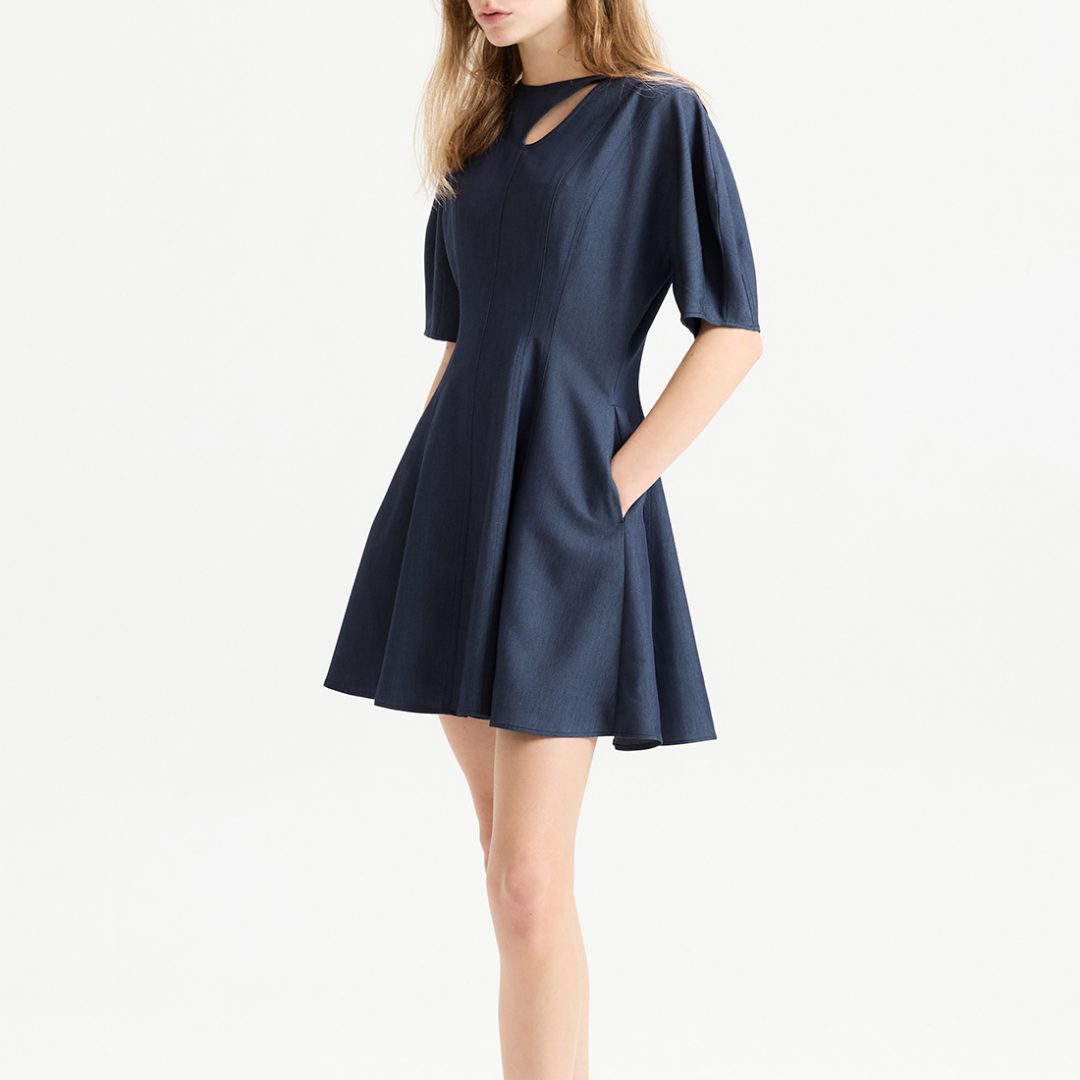 CUT OUT PUFF SLEEVE FLARE DRESS