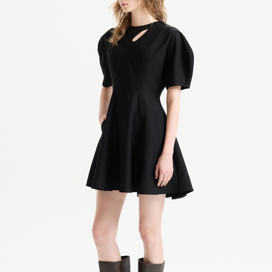 CUT OUT PUFF SLEEVE FLARE DRESS