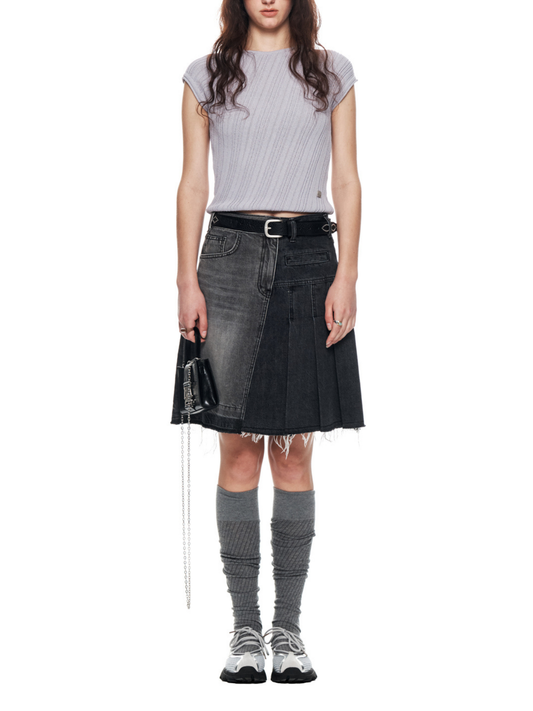 PLEATS POINT DENIM MIDI SKIRT