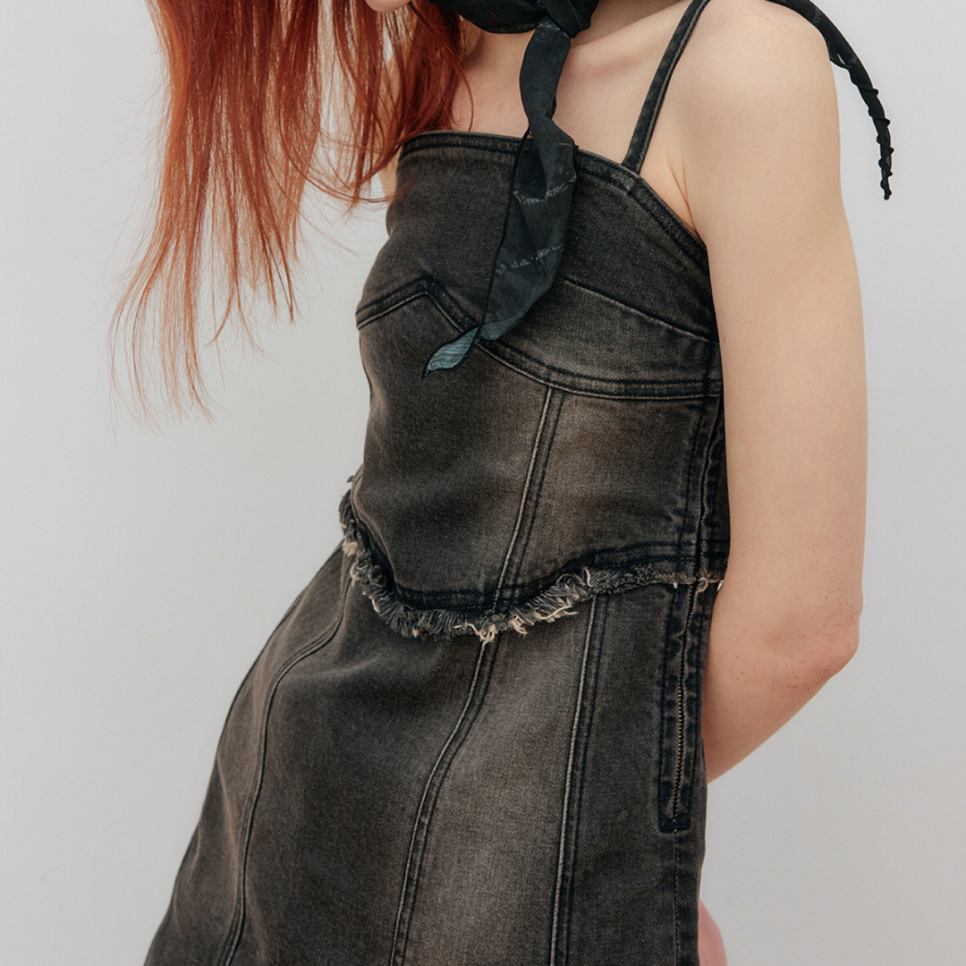 BUSTIER ROUGH CUTTING DENIM DRESS TOP