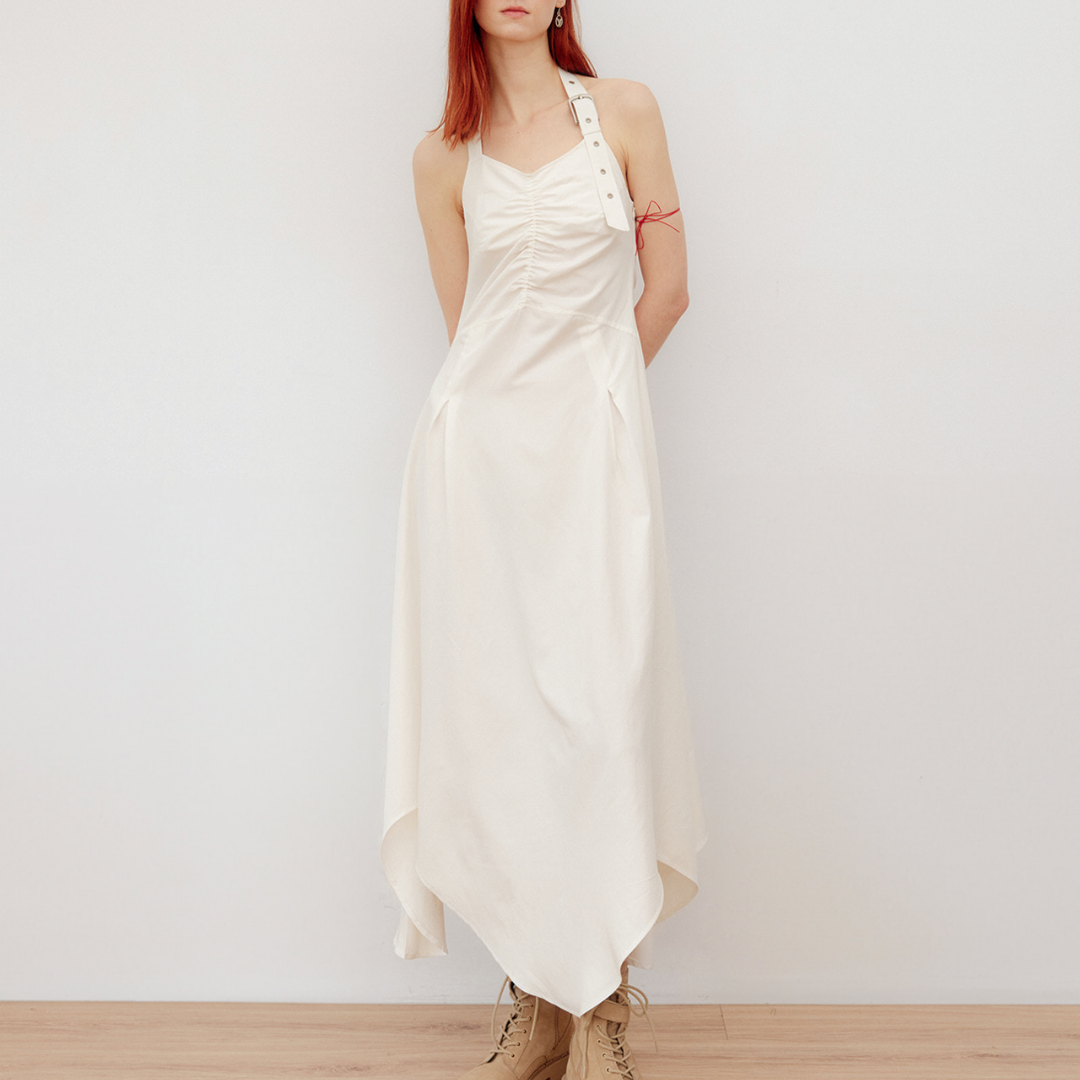 HALTER BELTED SLEEVELESS LONG DRESS