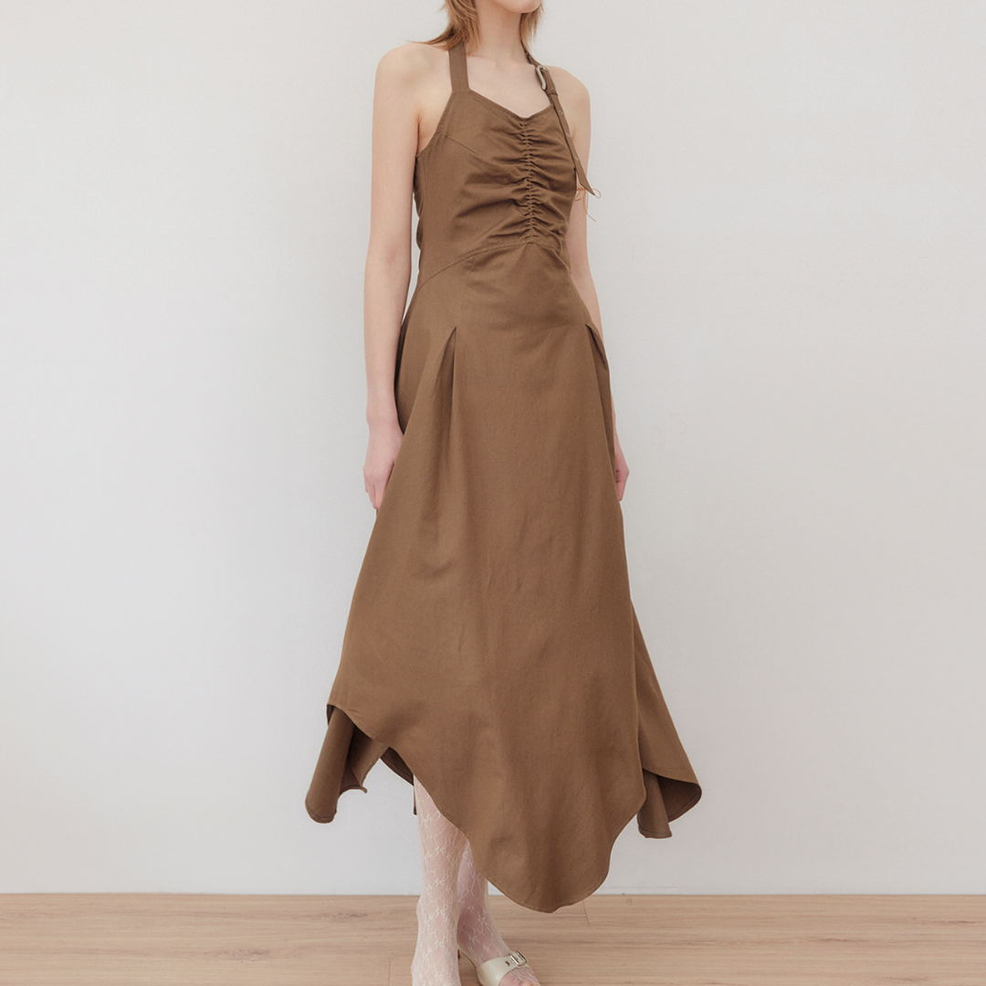 HALTER BELTED SLEEVELESS LONG DRESS