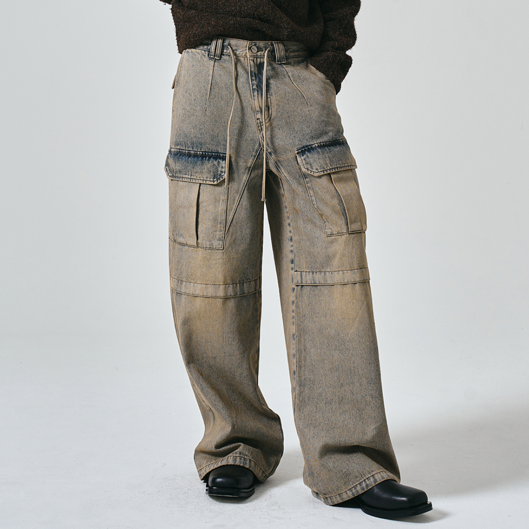 DIRTY WASHING CARGO STRING WIDE DENIM PANTS