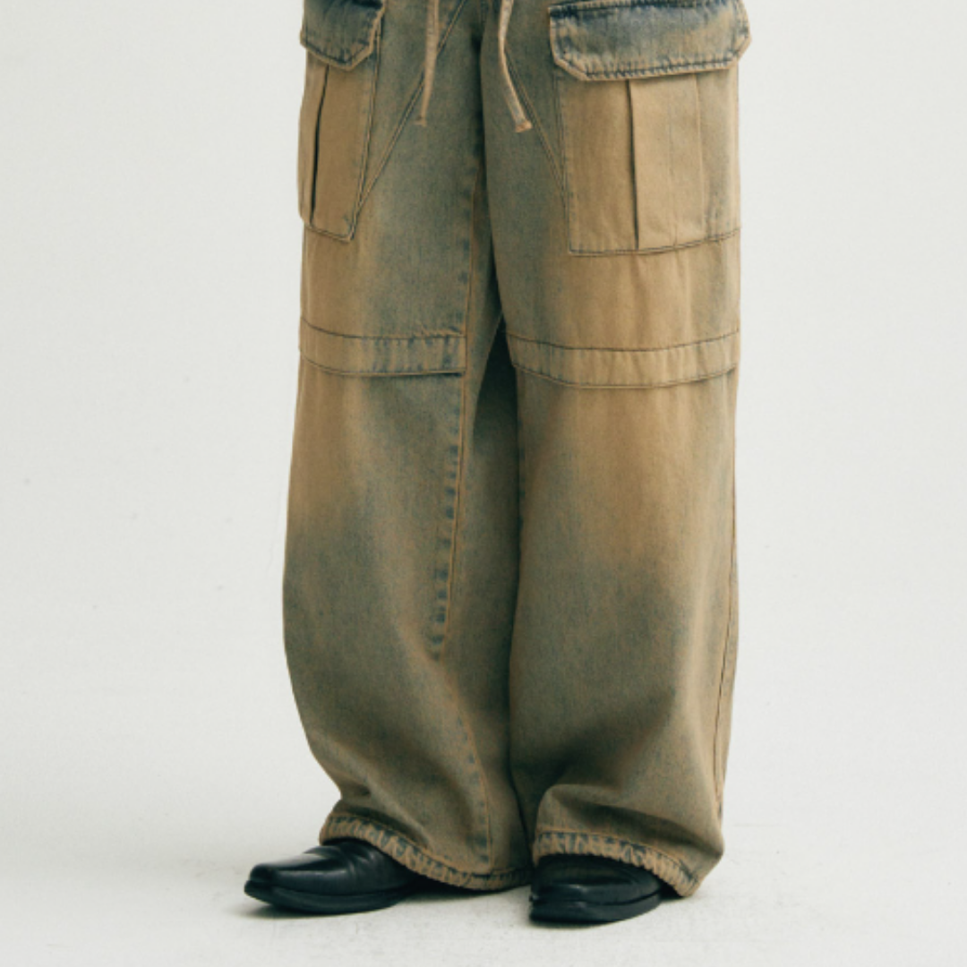 DIRTY WASHING CARGO STRING WIDE DENIM PANTS