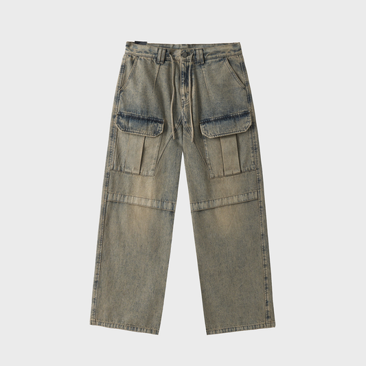 DIRTY WASHING CARGO STRING WIDE DENIM PANTS