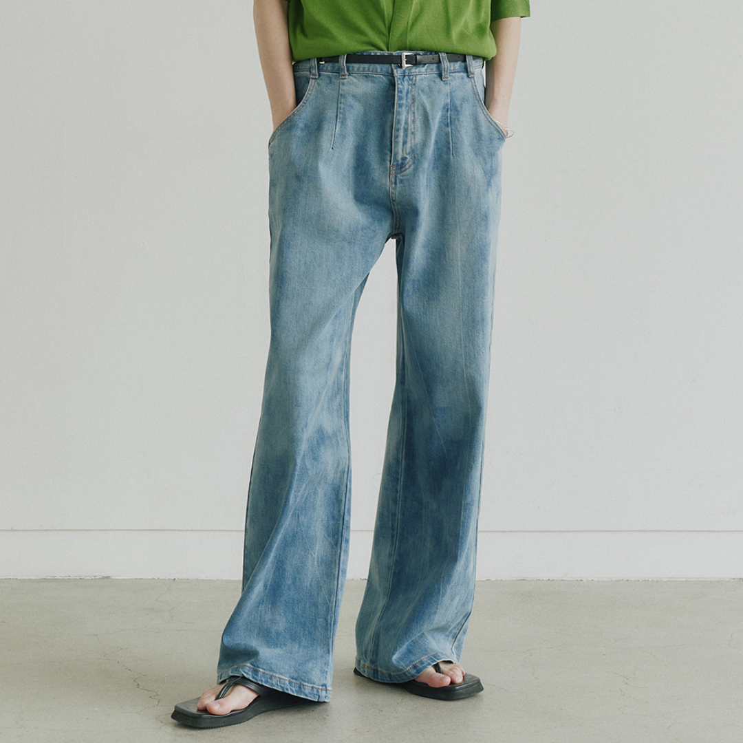 CREASE-WASHING WIDE DENIM PANTS