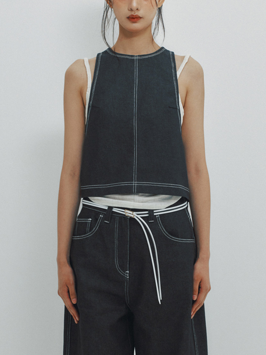 DENIM SLEEVELESS SHIRRING SET-UP