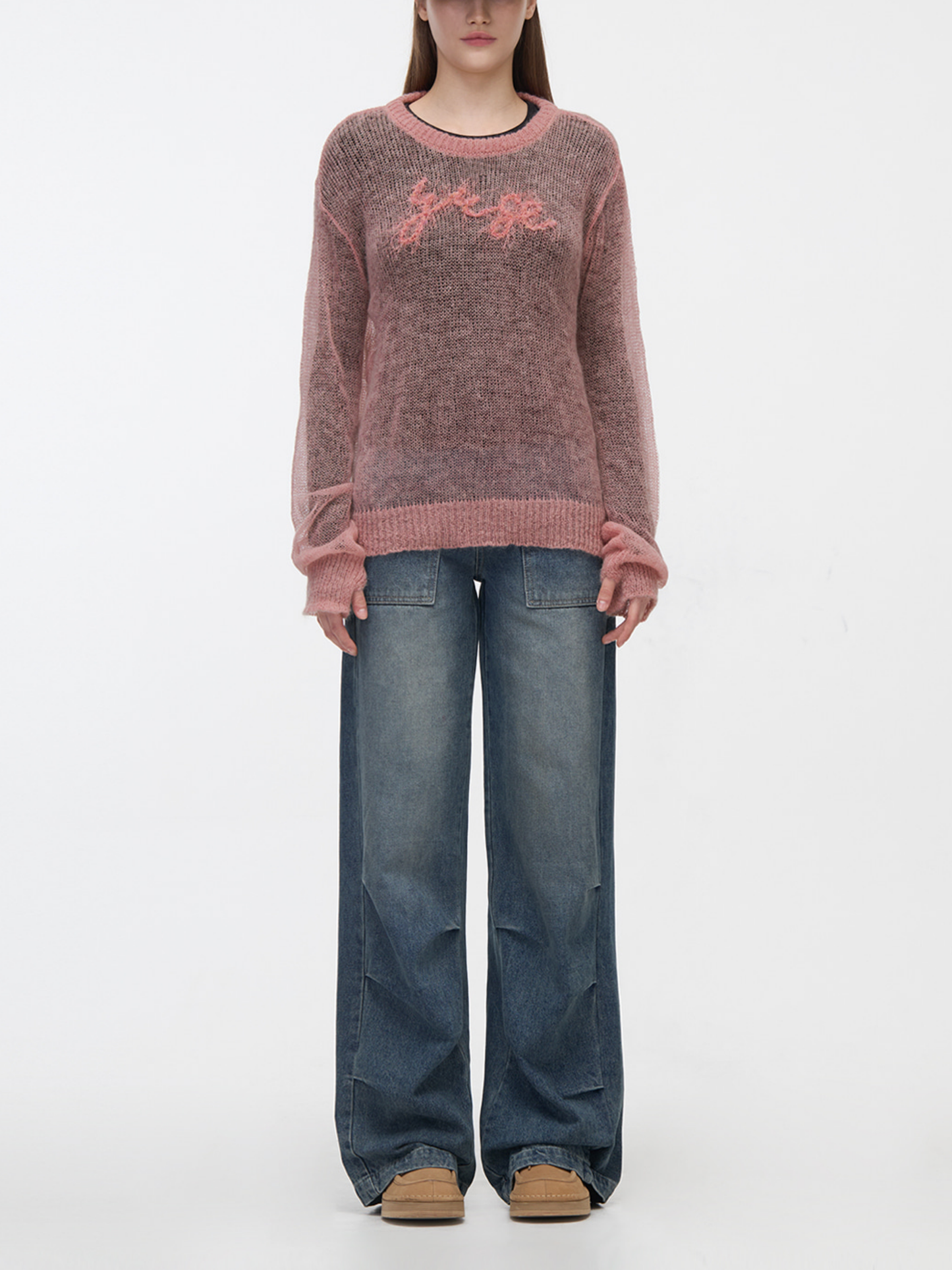 LOGO PATCH KID MOHAIR LOOSE ROUND KNIT TOP