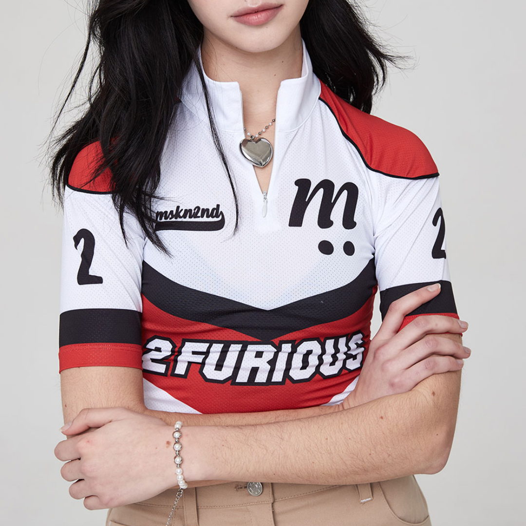 MOTO HARF ZIP UP JERSEY CROP TOP