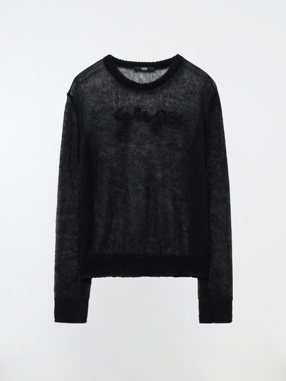 LOGO PATCH KID MOHAIR LOOSE ROUND KNIT TOP