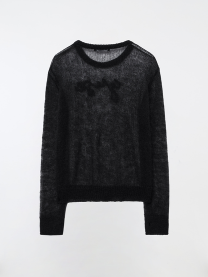 LOGO PATCH KID MOHAIR LOOSE ROUND KNIT TOP