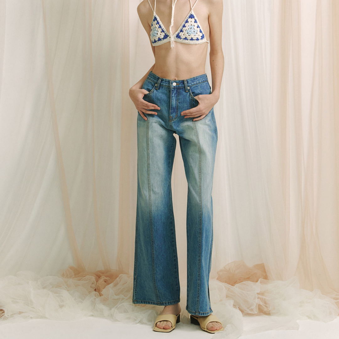 STRAIGHT WASHING DENIM PANTS - SKY BLUE