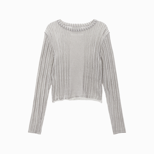 STRIPE PRINTED CROP KNIT PULLOVER IN GREY