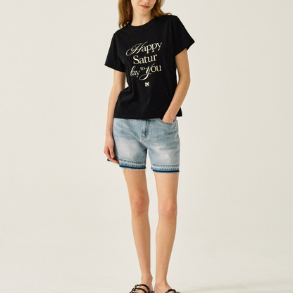 (W) Happy Saturday Typo Graphic T-Shirt