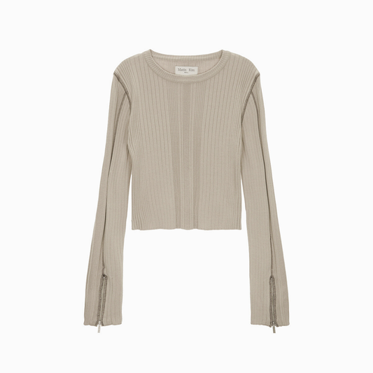 SLEEVE ZIPPER POINT KNIT PULLOVER IN BEIGE